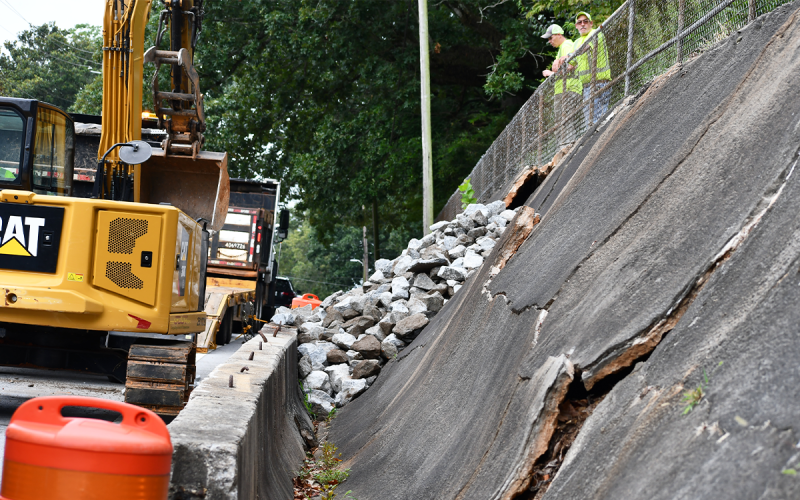 The wall on Central Avenue in Demorest has been cracked for almost two years and it is looking worse all the time. MATTHEW OSBORNE/Staff