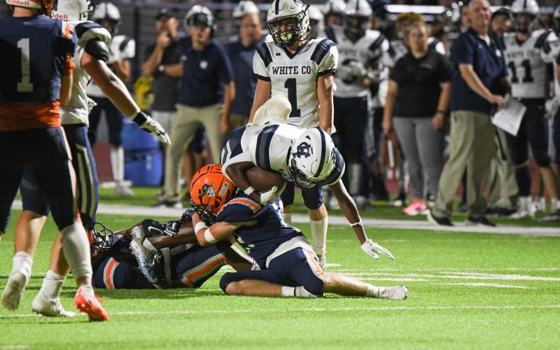 Habersham’s Hayden Gailey takes down a White County runner. TOM ASKEW/Special