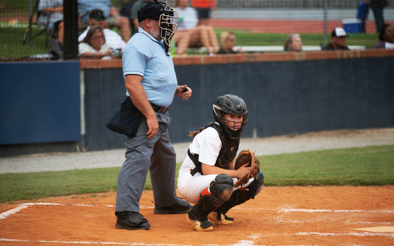 Lady Raiders catcher, Shelby  Rinefierd, gets signs for the next pitch. ZACH TAYLOR/Special