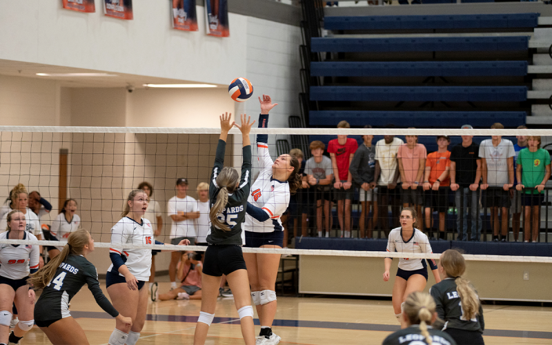After a long volley, Habersham Central’s Callyn Chitwood knocks down the final spike during the Lady Raiders’ win over Banks County on Aug. 11. Habersham played again Tuesday night on the road. ZACH TAYLOR/Special