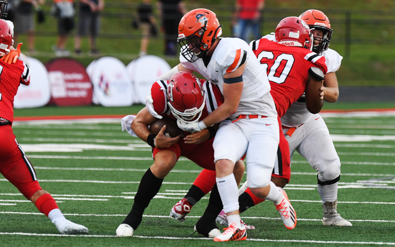 Habersham Central’s Braydon Wright gets a sack on Stephens County quarterback Ben Stowe. TOM ASKEW/Special