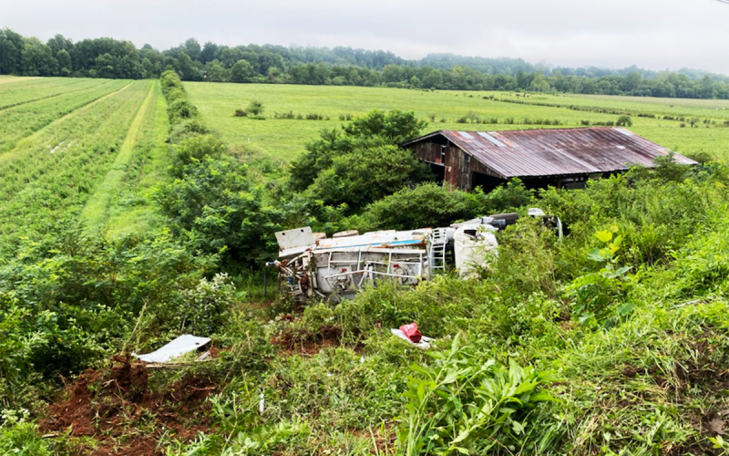 A 2015 Mack Granite carrying “blasting agents” overturned on its side early Tuesday morning at Kellys Creek Road in Rabun Gap. Photo courtesy of Brian Panell/Rabun County EMA Director