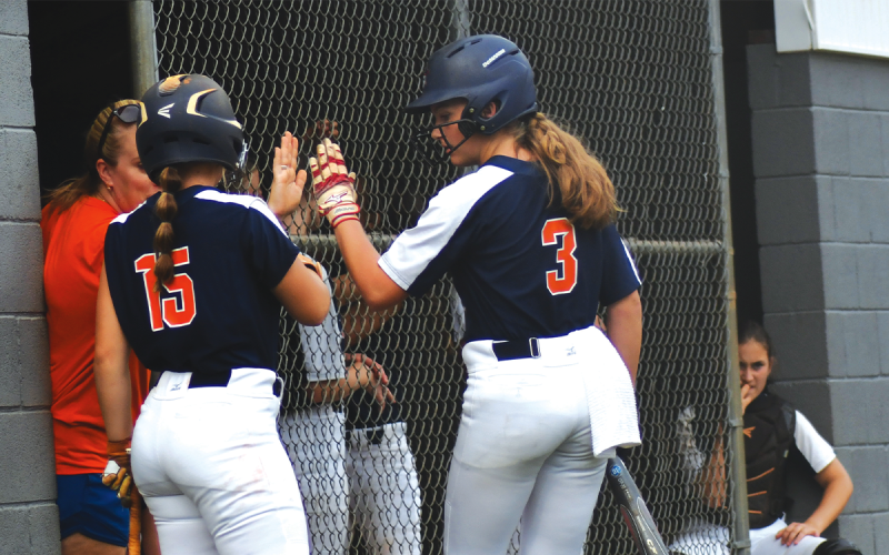 Habersham’s Bailey Barfield  receives congratulations from fellow senior Joni Littlejohn and head coach Karly Thompson after scoring in the Lady Raiders’ 7-2 road victory over Rabun County on Wednesday. LUKE MOREY/Clayton Tribune