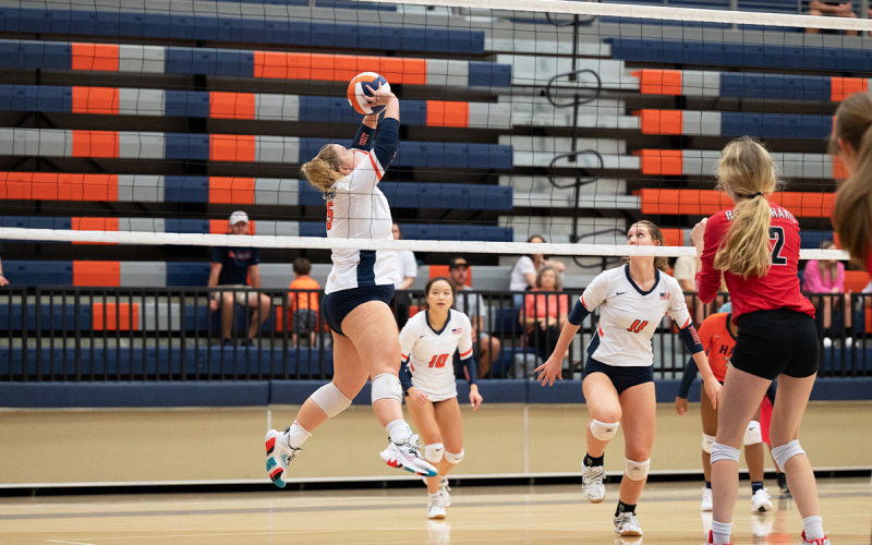 Abbey Donaldson sets the ball for Allie Church, who dominated against the Gainesville Red Elephants. ZACH TAYLOR/Special