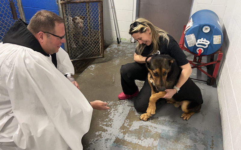 Father Damien Trudeau and Madi Nix spend time with Beans 2.0, who received an extra blessing in hopes of helping him find his “furever” home. AMARIS E. RODRIGUEZ/Staff