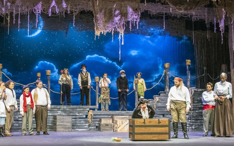 Fighting Prawn (Athena Lux), Molly (Dakota Rose Chen), Peter (Gabriel Richman), Prentiss (Carly Jelinek), Ted (Dominic Fox), Mack (Haylie Collins), Lord Leonard Aster (Clayton Maddox), Hawking Clam (Tyler Pelligrino), Capt. Scott (Tucker Cochran), Teacher (Lexie Partain), Black Stache (Hunter Reum), Smee (Carson Letner), Grempkin (Ethan Spinks), Mrs. Bumbrake (Dante Wilson), Alf (Kasey Jenkins) and Bill Slank (Sof Delgado) appear in a scene from Piedmont University’s production of “Peter and the Starcatcher
