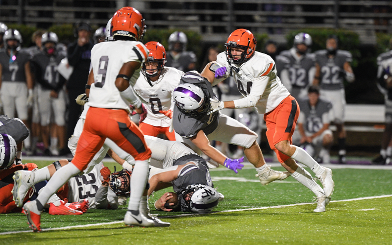 Habersham Central’s Caleb Blackburn knocks a North Forsyth blocker off his feet during Friday night’s game. TOM ASKEW/Special