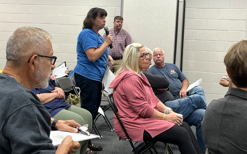 Virginia Webb speaks at Monday’s Roads &amp; Bridges SPLOST town hall meeting in Clarkesville. MATTHEW OSBORNE/Staff