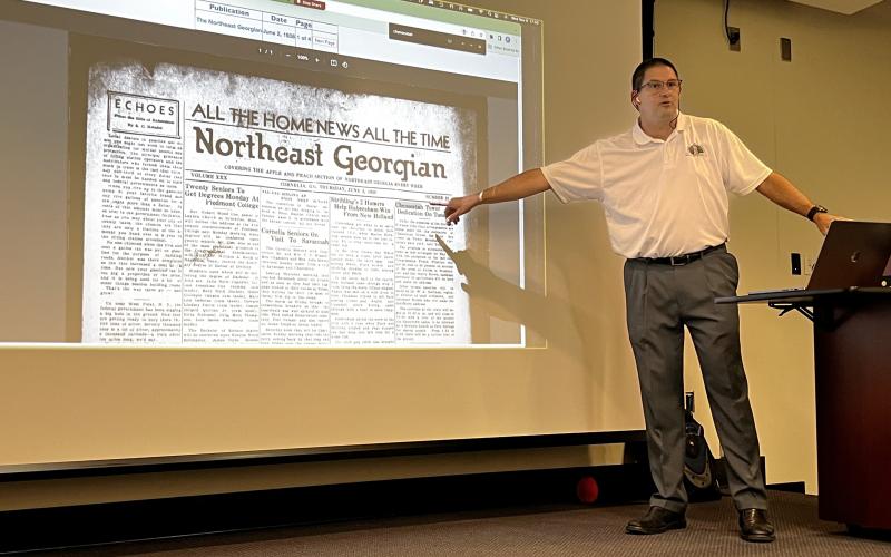 Peter Madruga, president and founder of Habersham Education &amp; Research, presents a demonstration of Digitize Habersham at Piedmont University on Wednesday. The searchable archive of Habersham County history is now available online at habershamhistory.org/archives. JANICE BARDEN/Special