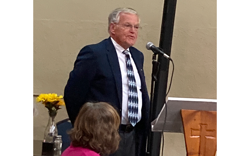 Membership Chairman Bruce Nicholson speaks to the assembled crowd. SUBMITTED