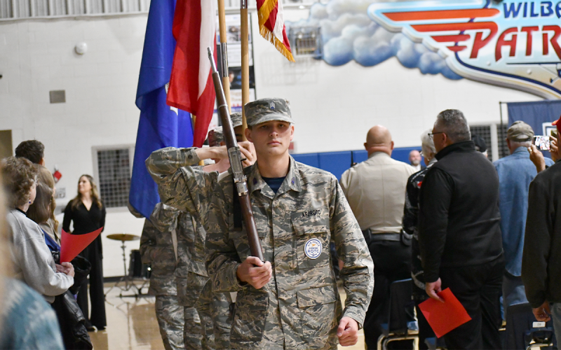 Aaron Barrs leads Habersham Central High School JROTC through the Hilliard Wilbanks Middle School gymnasium. JOHN DILLS/Staff