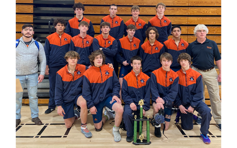 Habersham’s wrestling team took second at the Grayson High tournament before Thanksgiving. Shown are (front row, from left) Eli Thornton, Ryan McDonald, Zach Chitwood, Nathan  Chitwood and Andrew Sosebee. Second row are (from left) assistant coach Chris McCrackin, Javonte Bowen, Ethan Watson, Landyn Savage, Hudson Kerby, Westin Lakey, Isai Gonzalez and head coach Morris Brooks. Back row are (from left) Callum Spivey, Carder King, Jayden Garrison and Justin Whitney. MORRIS BROOKS/Submitted
