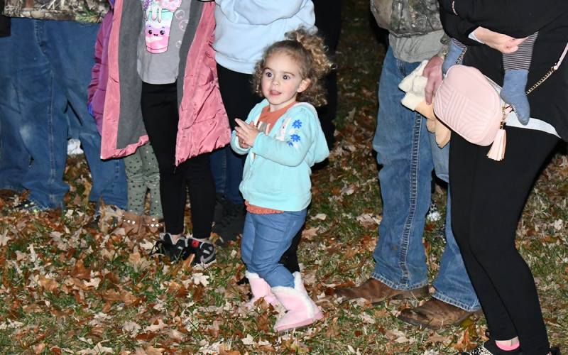 Annabeth Blackburn shows off her dance moves during Christmas songs in Baldwin on Friday. MATTHEW OSBORNE/Staff
