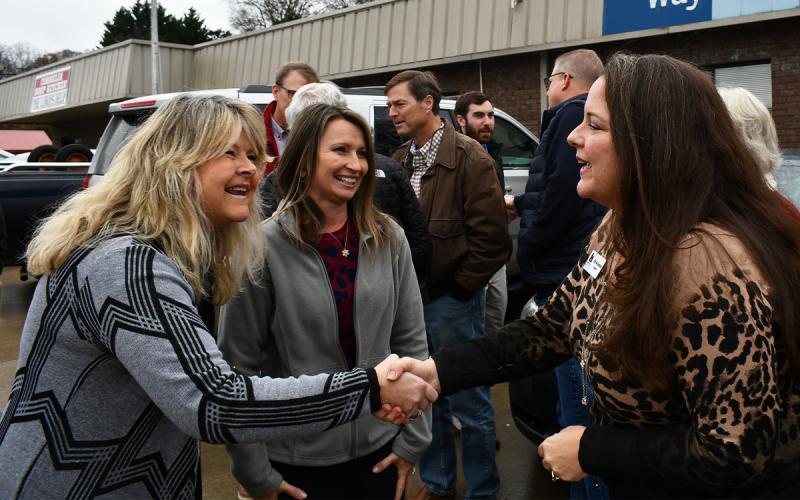 From left, Vicky Frankum of Habersham County United Way and Leslie Foster of Habersham Chamber of Commerce speak with new Chamber president Ellie Van Doornum outside of Habersham County United Way on Monday. JOHN DILLS/Staff