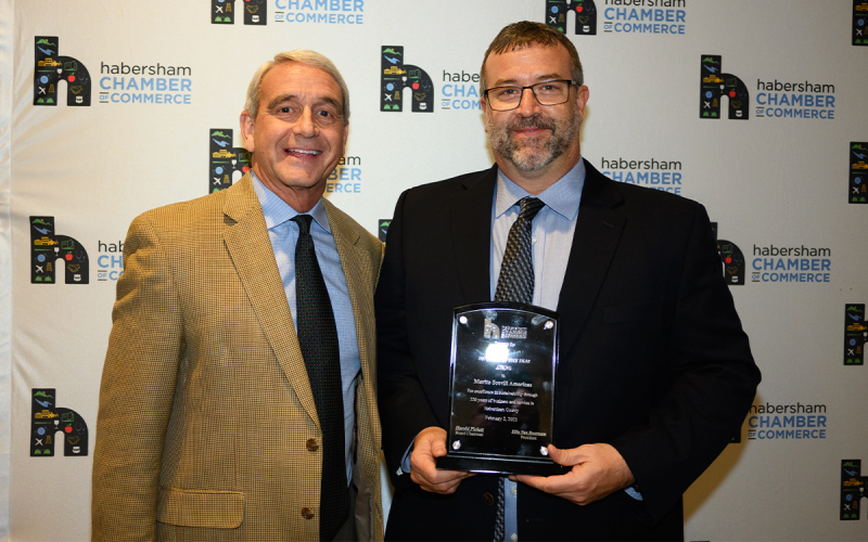 The Habersham Chamber of Commerce Industry of the Year award, presented by Charlie Fiveash (left), goes to Marito Scovill Americas, represented by Michael Lowery. ZACH TAYLOR/Special