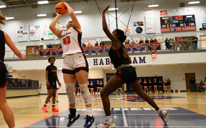 Habersham Central’s Gabby Sanitago goes to the hoop during her monster first half on Tuesday night. The senior scored 8 points in the first half and 13 overall to help the Lady Raiders reach the second round. ZACH TAYLOR/Special