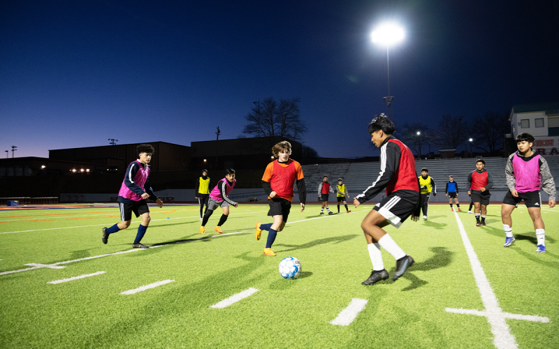 Habersham Central’s varsity men’s team plays a chaotic game of three-team soccer to get warmed up. ZACH TAYLOR/Special