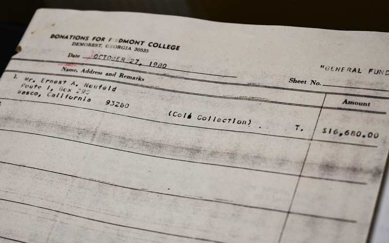 A document found in the safe shows the name of the donor – Ernest A. Nuefield – along with a date of Oct. 27, 1980 and a value of $16,680. JOHN DILLS/Staff