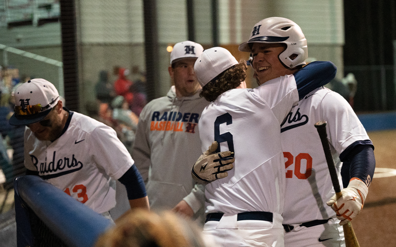 Habersham Central’s Hunter Tatum (right) and Spencer Frady (6) hug after Tatum scores  another run in the bottom of the third inning against Shiloh on Monday night. ZACH TAYLOR/Special