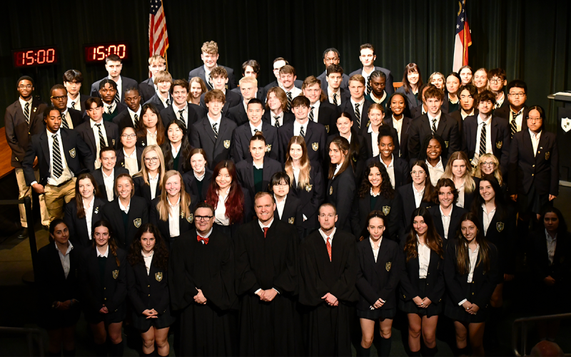 Judges Stephen Dillard, Brian Rickman, and Trea Pipkin pose for a photo with Tallulah Falls School’s senior class.  JOHN DILLS/Staff