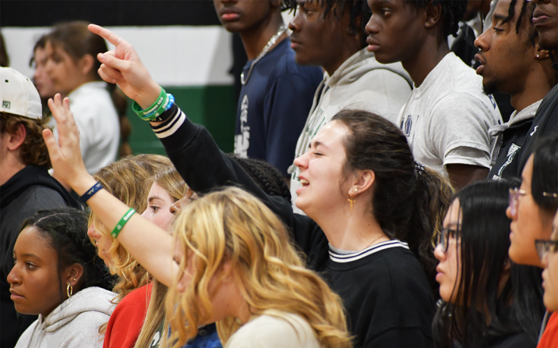 Tallulah Falls’ Caroline Smith feels the power of the Lord  during  the musical portion of Wednesday’s FCA  program. MATTHEW OSBORNE/Staff