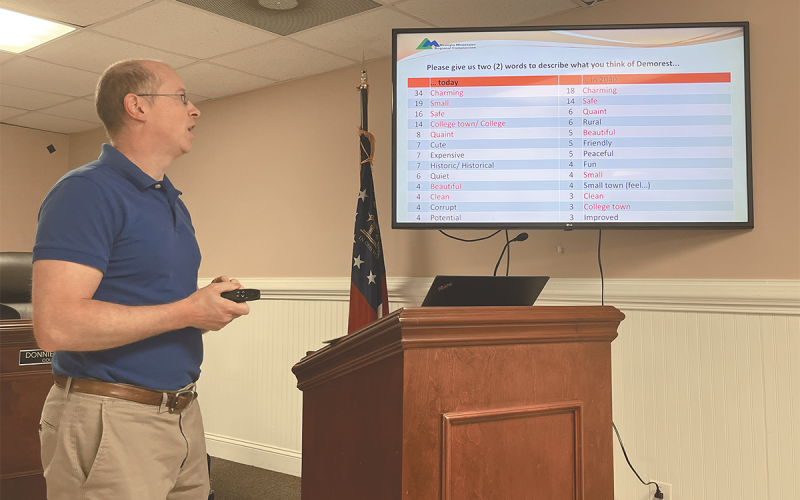 Adam Hazell of the Georgia Mountains Regional Commission makes a presentation in Demorest on Monday night. MATTHEW OSBORNE/Staff