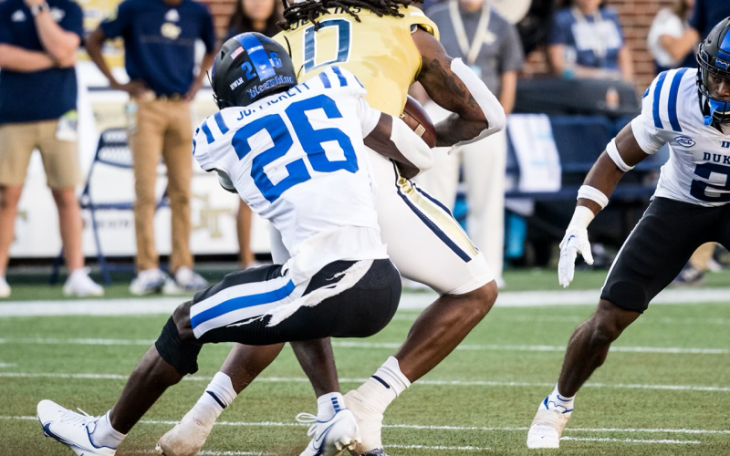 Duke’s Joshua Pickett brings down a Georgia Tech ballcarrier during an overtime contest last season. DUKE ATHLETICS/Courtesy