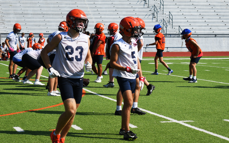 Carter Barrett and Zeke Whittington get lined up for the next play. All three players will be key figures on the Raider team this season. LANG STOREY/Staff