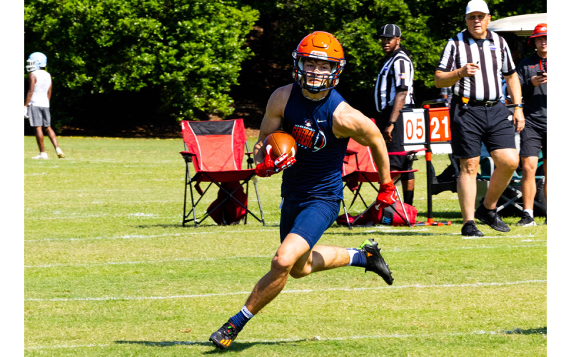 Habersham Central’s Landyn Savage runs with the ball during 7-on-7s earlier this summer. LANG STOREY/Staff