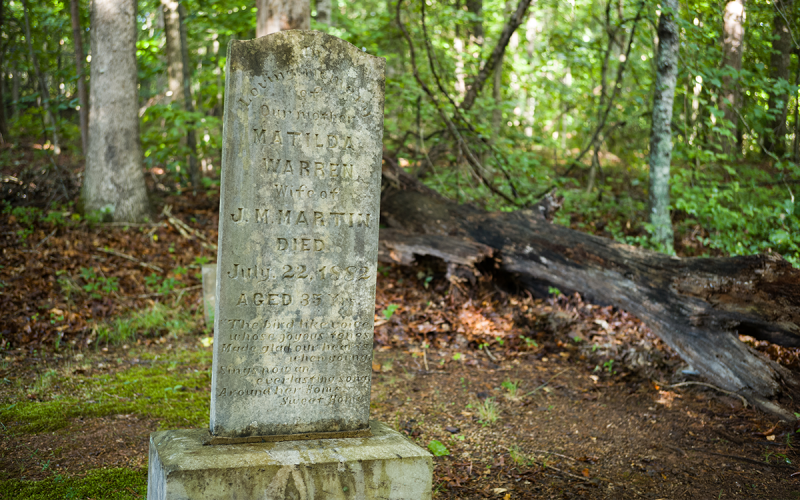 The headstone of Matilda Warren, wife of J.M. Martin, is nestled in the shade of an oak tree in the Warren-Martin/Smith Family Cemetery. ZACH TAYLOR/Special