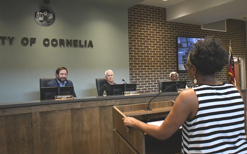 Audrey Davenport speaks to the City of Cornelia about beautification of the area at Tuesday’s meeting. JOHN DILLS/Staff