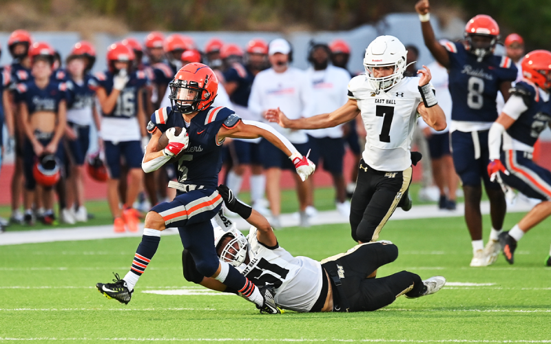Habersham Central’s Zeke Whittington breaks away from an East Hall tackler on Aug. 4. TOM ASKEW/Special