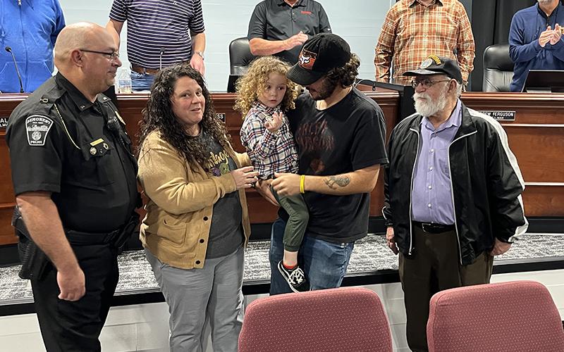 Demorest Police Lt. James Minutello received his promotion Oct. 12 and was joined by his family for the pinning ceremony. With him are his wife Hallie Minutello, father Pat Minutello, son Noah Minutello and grandson Rowan Minutello. MATTHEW OSBORNE/Staff