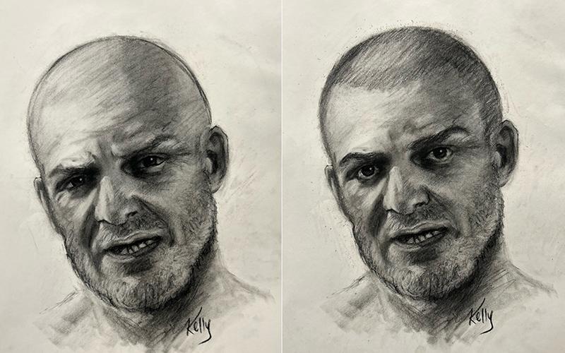 Two similar sketches are shown of a man suspected of pulling people over on Highway 365 improperly. HALL COUNTY SHERIFF’S OFFICE