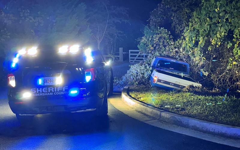 A truck ends up in the trees after being chased into White County at high speeds on Friday night. HABERSHAM COUNTY/Submitted