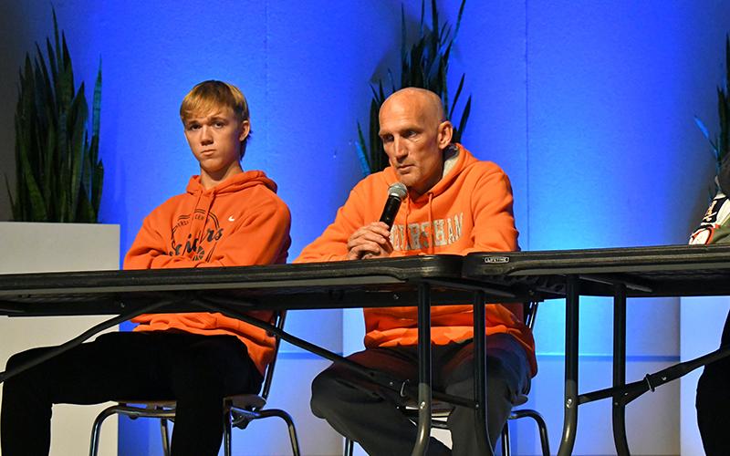 Habersham Central boys basketball coach Tommy Yancey and senior guard Brighton Paul are all business during FCA Media Day. LANG STOREY/Staff
