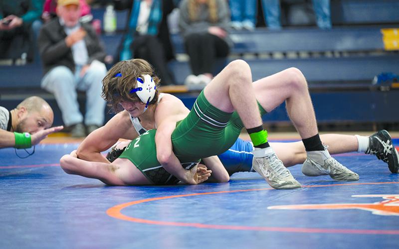 Habersham Central’s Westin Lakey earns a pinfall against North Hall last season. ZACH TAYLOR/FILE