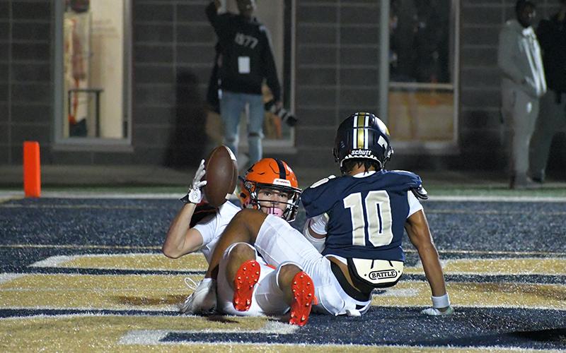 Habersham Central’s Zeke Whittington shows the ball after snagging a touchdown catch in the first half of Friday’s playoff loss to Douglas County. Whittington, a junior, finished the season with 221 career catches, the most in Habersham Central history so far. LANG STOREY/Staff