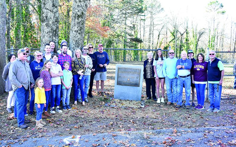 The family of Brent Lee Moore gathered at the park rededication on Saturday morning, including Rhonda Moore, David Hayes, Alicia Barrett, Sean Moore, Jill Hayes, Brooke Moore, Blake Moore, Brett Moore, Blair Moore, Michael Turner, Candace Moore Turner, Lee Moore, Tonya Moore, Brad Moore, Mary Barrett, Kyia Barrett, Terry Barrett, Ray Barret, Kreed Barrett, Daphne Penick, Joey Penick, Scylla Moore, Emrie Turner, Ashe Turner and Dax Turner. MATTHEW OSBORNE/Staff