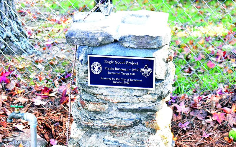 The restored rock water fountain buily by Travis Roseman in 1985 as an Eagle Scout project. MATTHEW OSBORNE/Staff