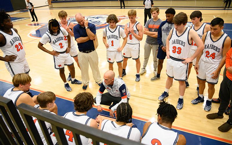 Habersham Central coach Tommy Yancey talks to the Raiders in a time out during their opening game last week. ZACH TAYLOR/Special