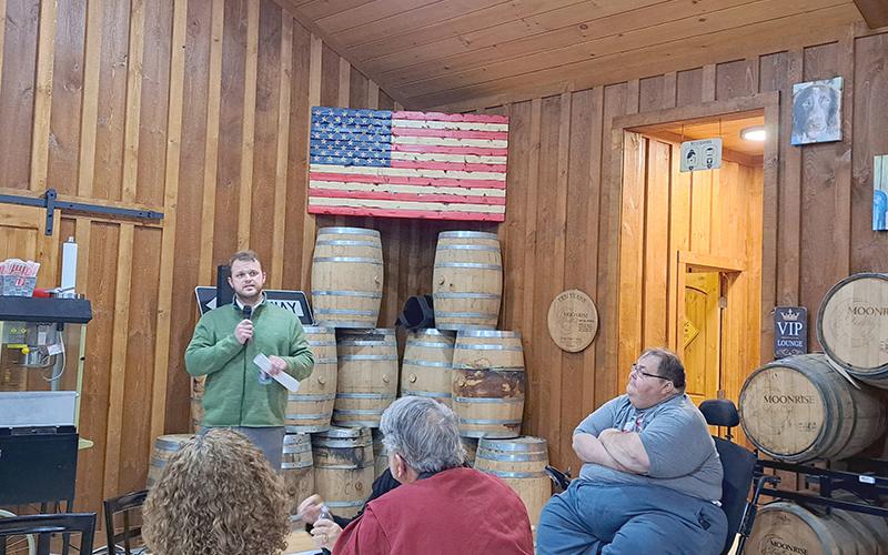 Georgia Sen. Bo Hatchett speaks to the Rabun County Republican Party and members of the community at Moonrise Distillery during a Town Hall meeting Nov. 13. MEGAN HORN/The Clayton Tribune