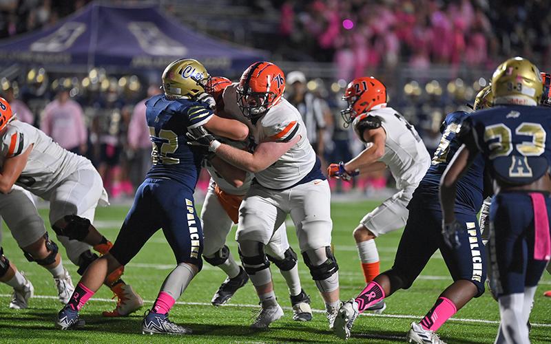 Habersham Central’s Christian Boss seals his block during a running play Friday night against Apalachee. TOM ASKEW/Special