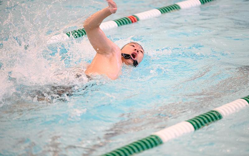 Hwiseong “Danny” An keeps swimming as his goggles fall off his face and ends up placing second in the Men’s 50-yard freestyle event. ZACH TAYLOR/Special