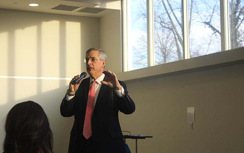 Georgia Secretary of State Brad Raffensperger speaks to the Habersham County Chamber of Commerce Friday morning. JULIANNE AKERS/Staff