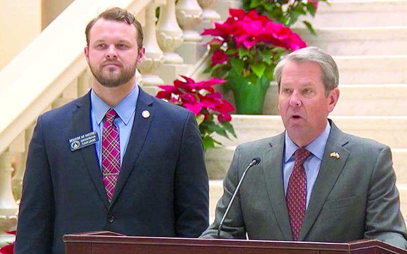 Gov. Brian Kemp and Sen. Bo Hatchett announce bonuses for teachers in Atlanta on Monday. WAGA/Video grab