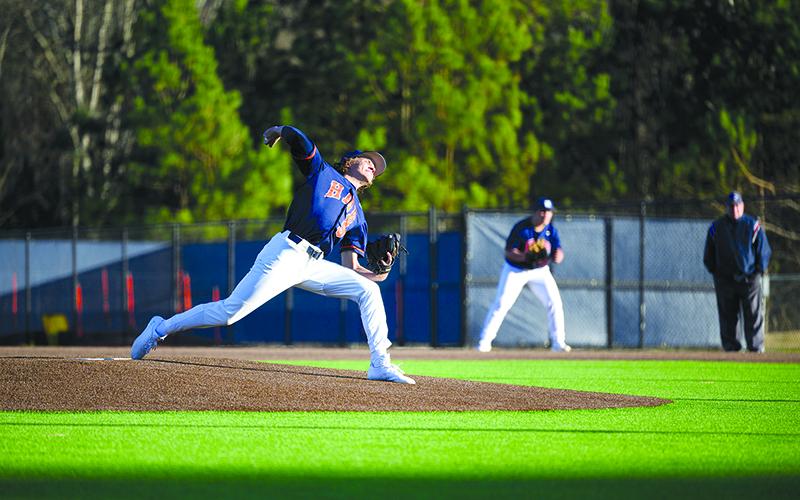 Habersham Central’s Konner Burrell fires to the plate during a game last season. Burrell is a dual-threat who can hit as well as he deals from the mound. FILE