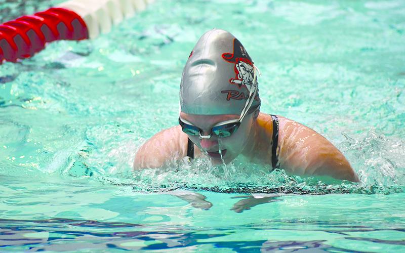 Habersham Central’s Bethany Lyons swims in the Raiders’ meet at the University of Georgia on Saturday. LANG STOREY/Staff