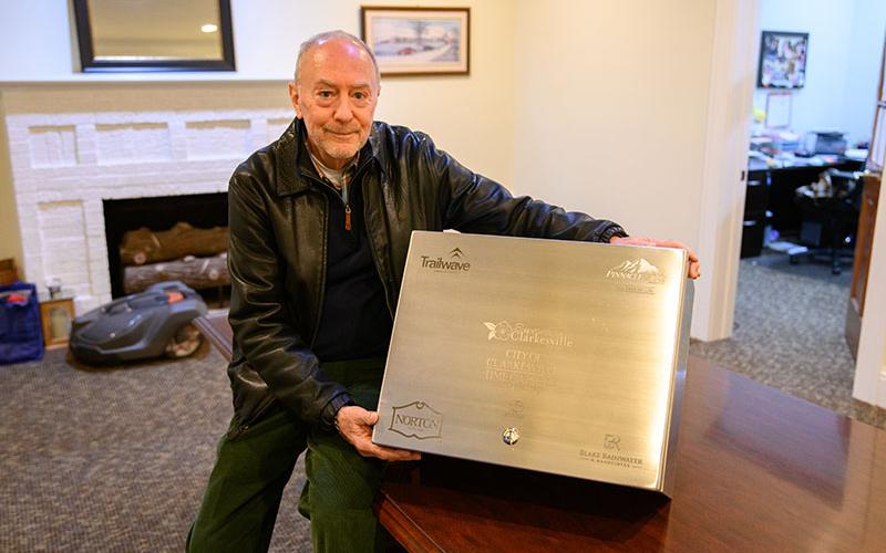 Clarkesville Councilman Brad Coppedge shows off the time capsule Clarkesville is putting together.