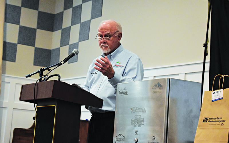 Clarkesville Councilman Franklin Brown talks during the ceremony to fill the time capsule on Saturday at the Mary Street Community Center. SAMANTHA SINCLAIR/CNI News Service